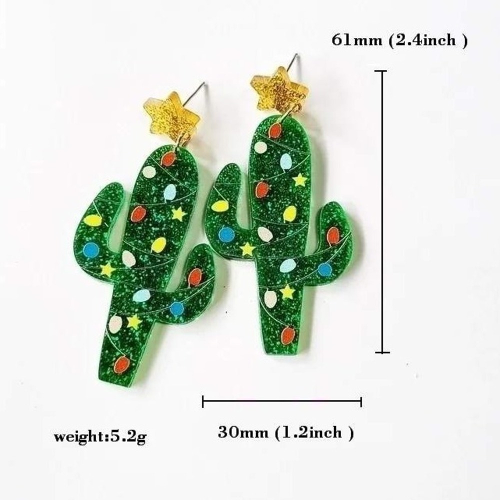 Whimsical Christmas Cactus Dangle Earrings Fun Festive Green Glitter Star - Picture 1 of 1